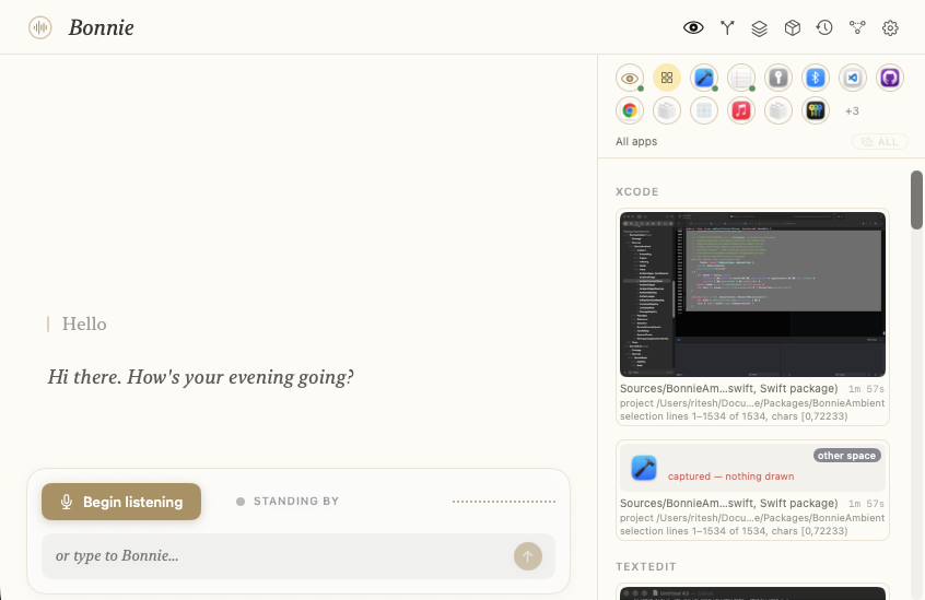 The Bonnie conversation window beside the live app surfaces panel, showing the Xcode and TextEdit windows Bonnie can currently see.