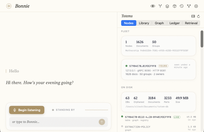 The Bonnie conversation window beside Totems, a knowledge graph built from the user's own files and stored on disk.