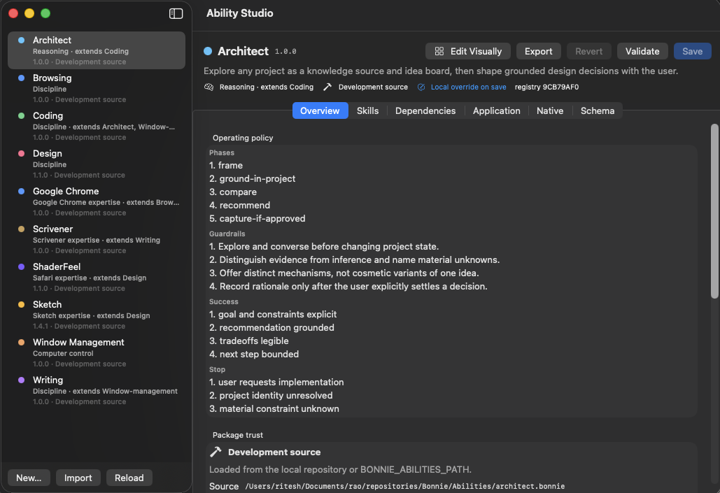 Ability Studio showing the Architect package's operating policy — phases, guardrails and stop conditions — plus its package trust and on-disk source path.